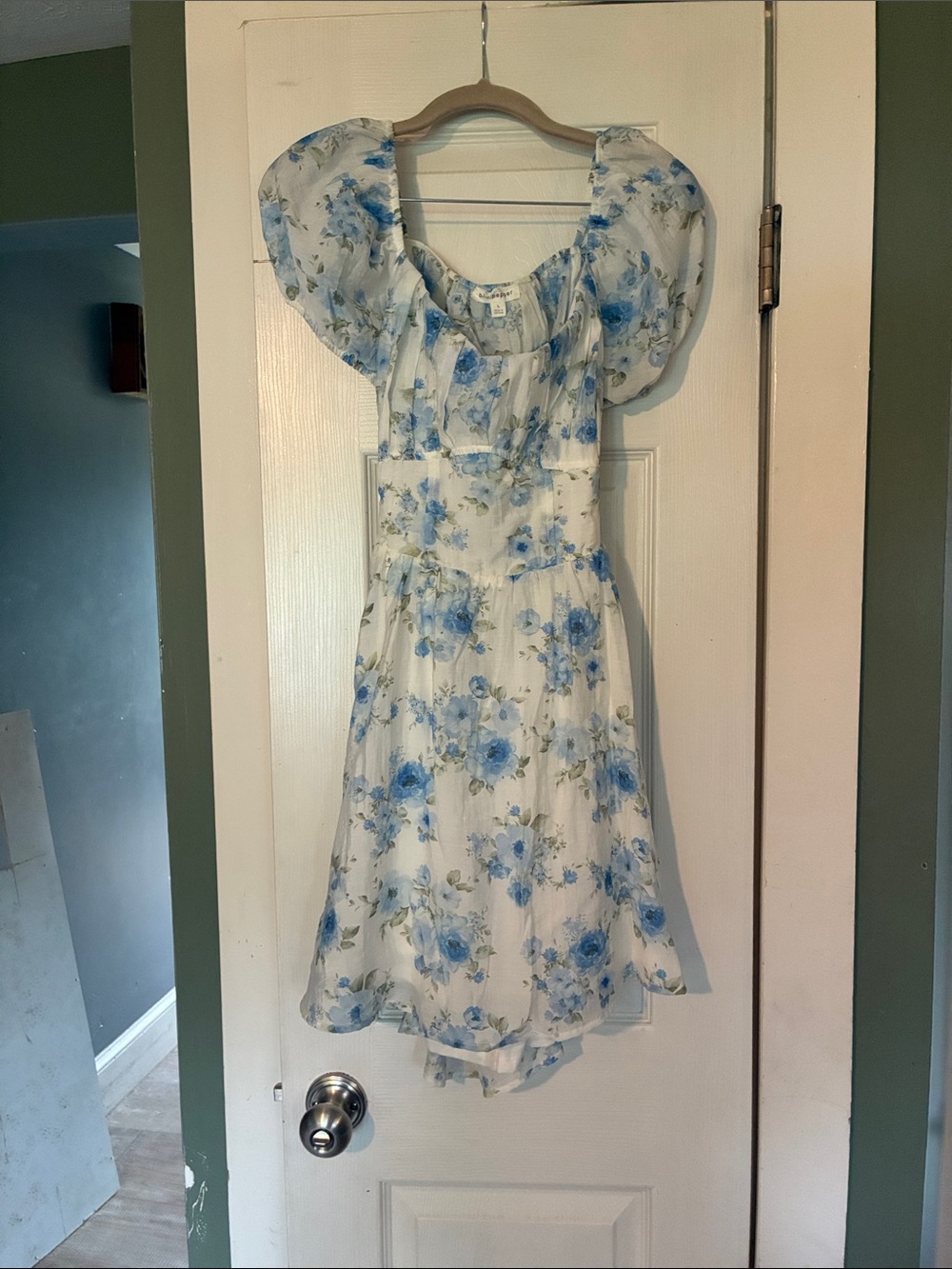 Blu Pepper White Dress with Blue Floral Print and Puff Sleeves